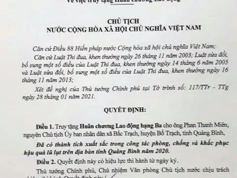 Truy tặng Huân chương Lao động hạng Ba cho nguyên Chủ tịch UBND xã Bắc Trạch