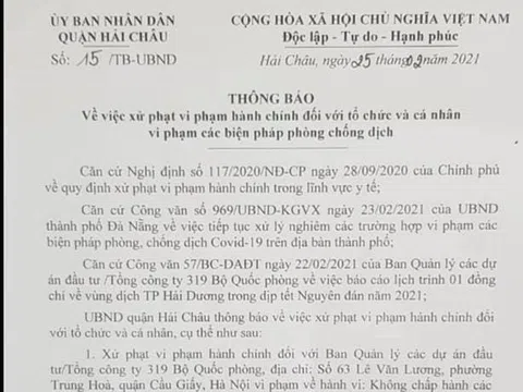 Phạt ban Quản lý tổng công ty 319 vì vi phạm chống dịch