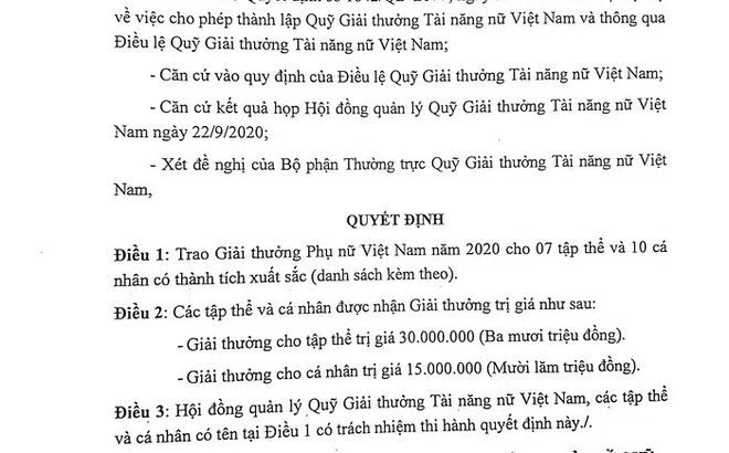 Hội LHPN Việt Nam công bố Quyết định Trao Giải thưởng Phụ nữ Việt Nam năm 2020